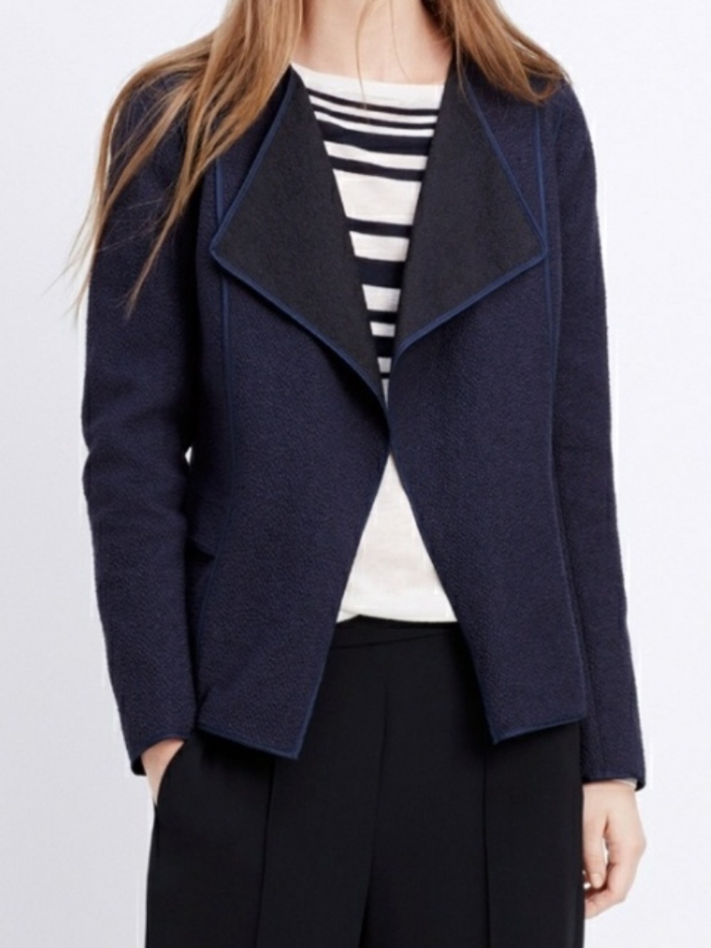 Vince Navy Asymmetrical Draped Bouclé Open Front Blazer Jacket XL